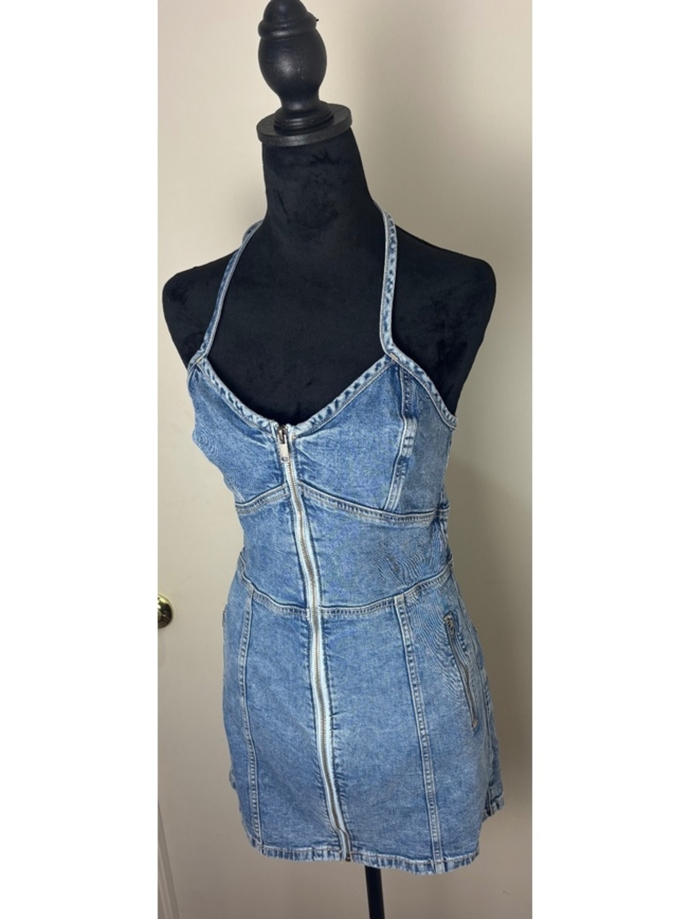 American Eagle Denim Halter Mini Dress Size 6 Zip Front Y2K NWT